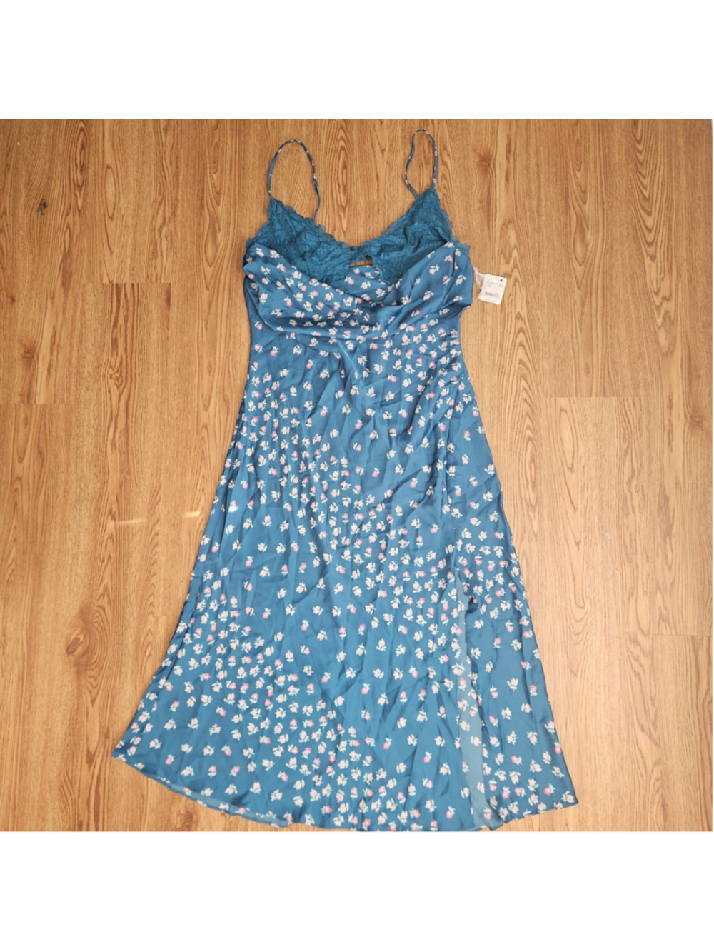 NWT Free People Gossamer Glow Turquoise Satin Floral Lace Slip Dress XL